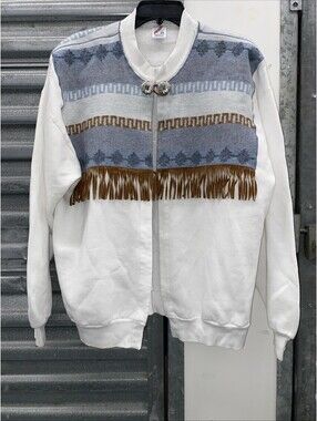 Genuine VINTAGE 1990s Upcycled Jerzees Southwestern Sweatshirt Fringe jacket 2X